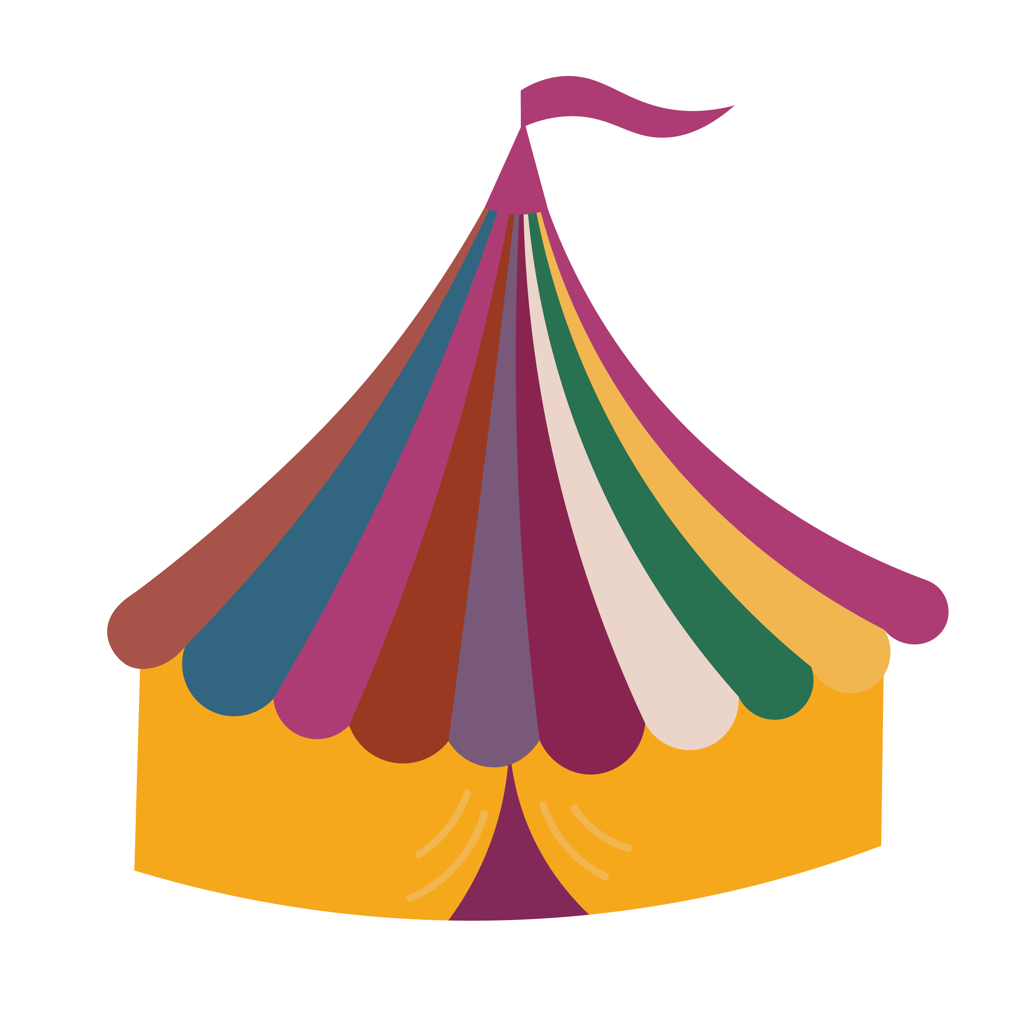 En illustrerad bild på ett cirkustält. Taket är färgad i regnbågens färger. På toppen vajar en röd flagga.